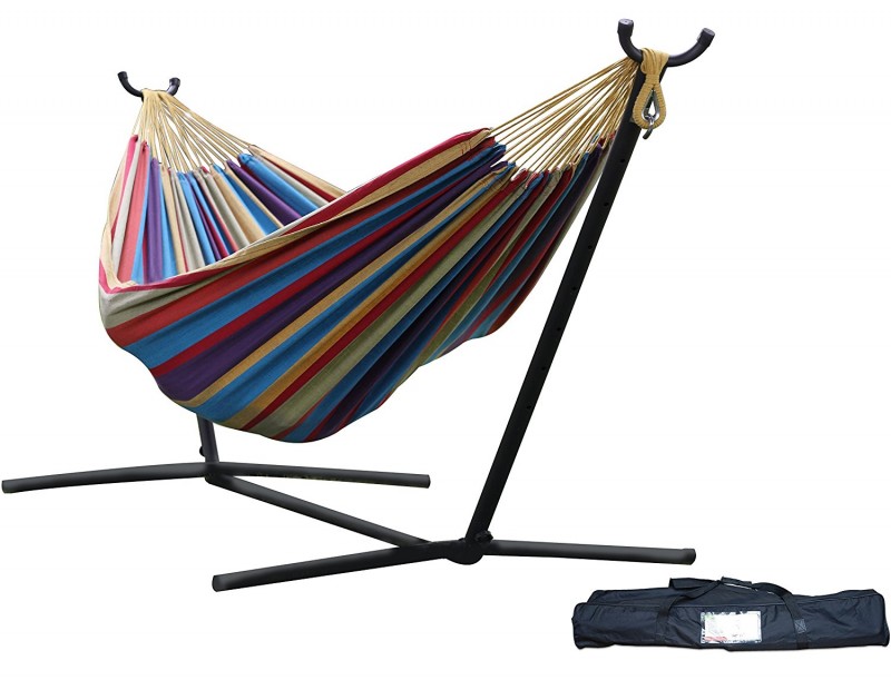 Vivere Tropical Double Hammock with Space-Saving Steel Stand